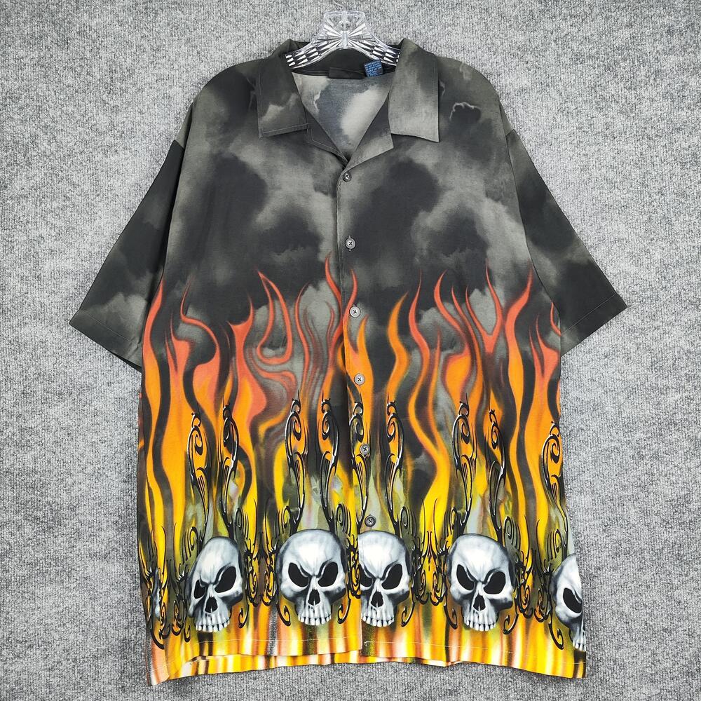MT:2 Shirt Mens XL Multicolor Skull Flames Button Up Camp Collar Graphic Biker
